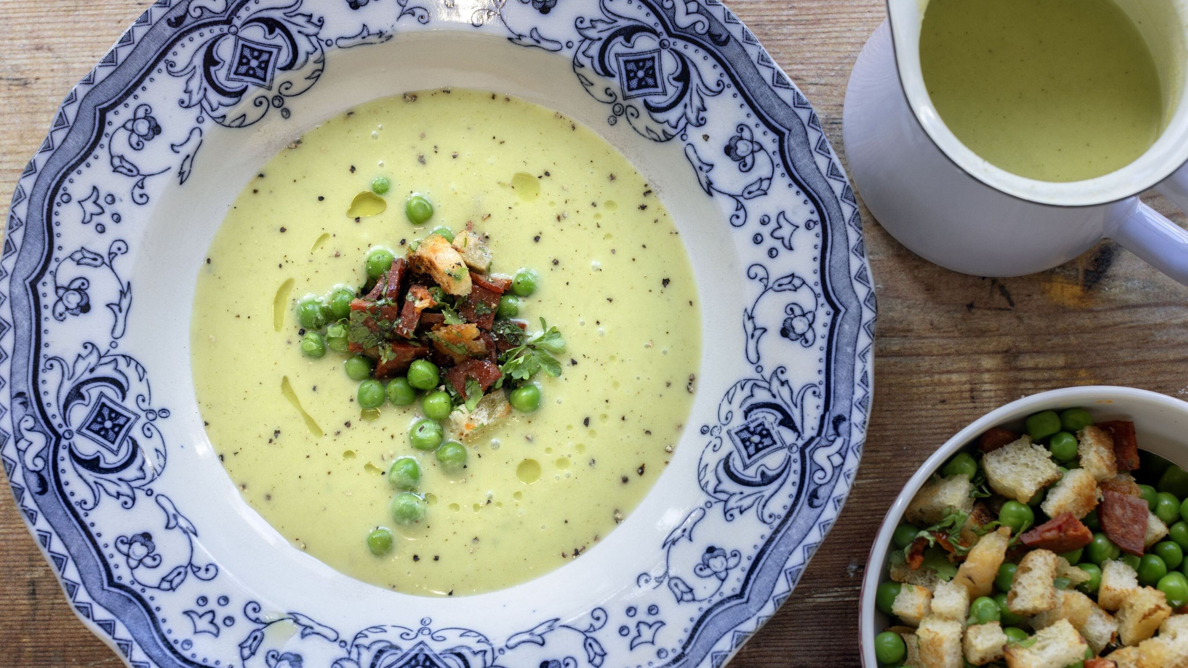 Pea and chorizo soup